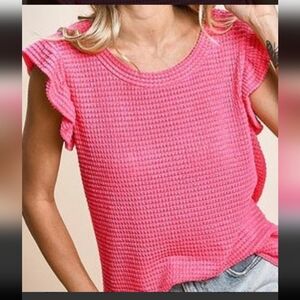 Bibi Pink Waffle Knit Textured Top With Ruffle Sleeve
